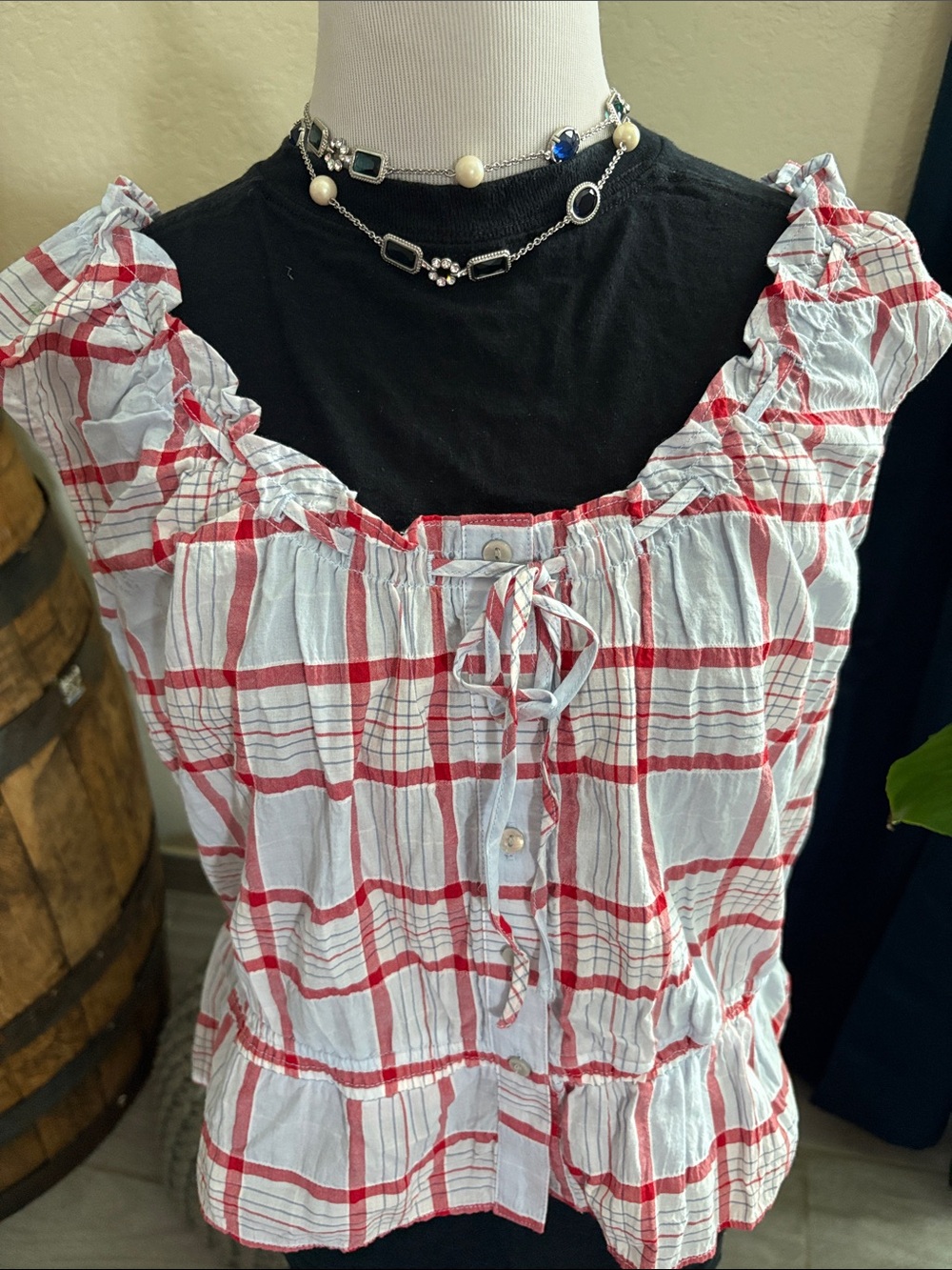 Universal Thread Red & White Plaid Ruffle Tie-Front Top